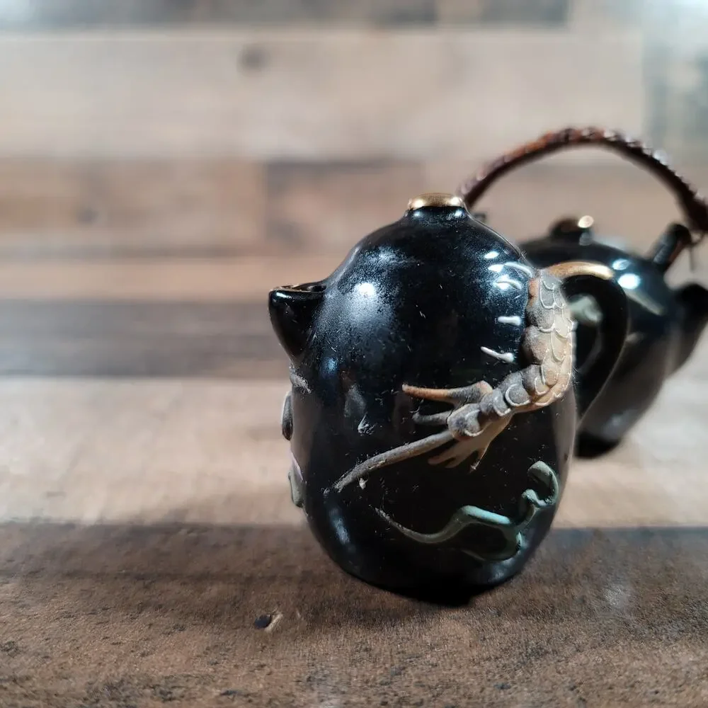 Vintage Dragon Moriage Salt & Pepper Set Tea Kettle Tea Pot Black Glaze Red Clay